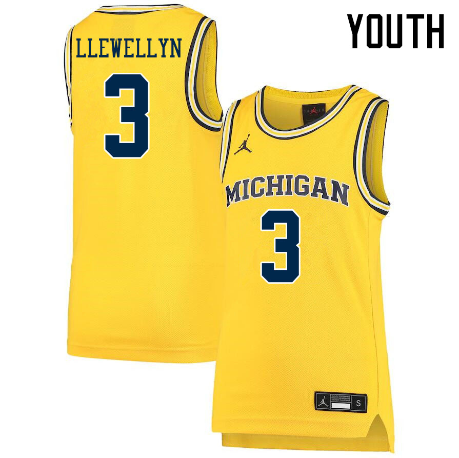 Youth #3 Jaelin Llewellyn Michigan Wolverines College Basketball Jerseys Sale-Yellow - Click Image to Close